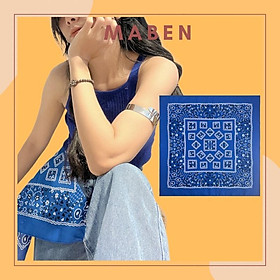 Khăn bandana cotton xanh dương in hoa văn đối xứng size 55x55cm - Maben
