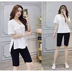 Đồ bộ lửng mặc nhà cổ tim nắp túi thun cotton mát mịn