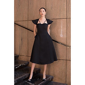 Đầm midi xòe dài thiết kế gấm cao cấp hở lưng trắng đen tay con ivy.fashion đi biển dự tiệc dạo phố gợi cảm