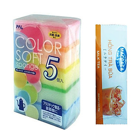 Mua Miếng mút xốp rửa chén bát tạo bọt 2 in 1 Nhật bản (5 miếng) + Tặng gói hồng trà sữa (Cafe) Maccaca siêu ngon