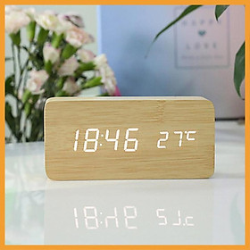 Đồng hồ đo nhiệt độ phòng điện tử bằng gỗ đèn led để bàn + Tặng pin + led trang trí