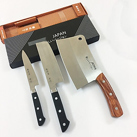 Bộ 3 Dao cao cấp cán nhựa ABS, cán gỗ không hút nước gồm Dao chặt, thái, làm cá lưỡi ngắn Công nghệ Nhật Bản