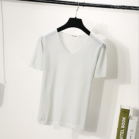 Áo kiểu nữ,áo phông nữ ngắn tay dệt kim cổ V ALE24