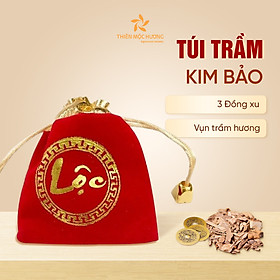 Túi trầm Kim Bảo Thiên Mộc Hương gồm vụn trầm hương, đồng xu mang lại may mắn, bình an