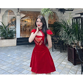 Đầm Nhung Thiết Kế MAY MR14 Màu Đỏ Nổi Bật - Đầm Nhung Dự Tiệc Trẻ Trung Chuẩn MAY