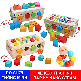 Đồ Chơi Gỗ Xe Kéo Thả Hình Khối Kết Hợp Số-Đàn-Bảng Phân Loại