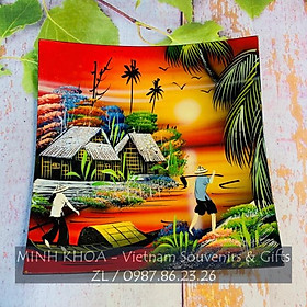 Mua Đĩa Vuông Cong Sơn Mài Vẽ Cảnh Đồng Quê 25 cm - Vietnam Rectangle Tray With Handpanting
