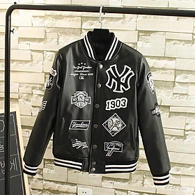 Áo khoác da NY thêu hình cực chất{Được kiểm hàng