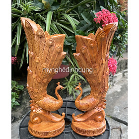 Cặp chim công cắm hoa trang tri phong khách bằng gỗ hương đá đẹp long lạnh kt cao 40×14×12cm 