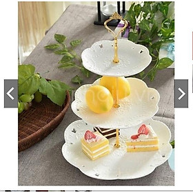Bộ khay bằng sứ trắng 3 tầng tròn đựng mứt tết, ô mai, bánh kẹo trang trí bàn tiếp khách thêm sang trọng hiện đại