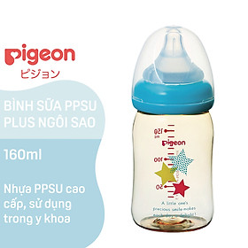 [TẶNG CÂY SÚC RỬA BÌNH SỮA & NÚM VÚ] Bình sữa cổ rộng PPSU Plus Ngôi sao Pigeon 160ml/240ml