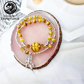 VÒNG TAY  THIẾT KẾ 02 TẦNG CỎ BỐN LÁ M.Ắ.T HỔ VÀNG TÂM BẠC S925