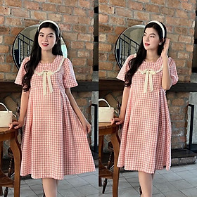 Đầm bầu Karo xếp ly cổ viền bèo xinh xắn, nhẹ nhàng baby nhẹ nhàng đáng yêu - Hồng