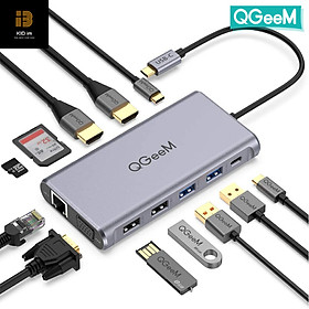 Bộ Hub USB C QGeeM 12 trong 1 sang HDMI 4k/VGA 1080P/USB/Type C sạc nhanh PD/Ethernet 1G/TF&SD/đầu đọc thẻ Type C dành cho MacBook, USB C Dock - Hàng chính hãng