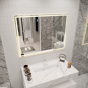 Gương cảm ứng đèn led chữ nhật thông minh treo tường bàn trang điểm makeup nhà tắm phòng wc cao cấp kích thước 40x60cm và 50x70cm guonghoangkim mã HK-3001