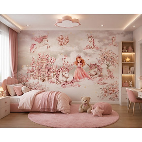 (HCM) Tranh dán tường 3d công chúa và lâu đài hồng 2 trang trí phòng bé( có in theo yêu cầu)