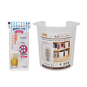 Mua Combo Khay đá 84 viên mini kèm nắp đậy + Hộp đựng bát đĩa cất gọn - Nội địa Nhật Bản