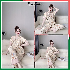 Đồ Bộ Pijama Nữ , Đồ Bộ Mặc Nhà Nữ Tay Ngắn, Quần Dài Chất Lụa Cao Cấp, Không Nhăn DBTNQD34
