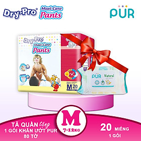 Combo Tã bỉm quần Dry-Pro M20 7kg-12kg + tặng 1 gói khăn ướt Pur 80 tờ cho