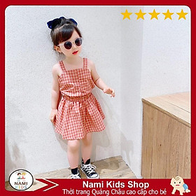 Set váy hè cá tính cho bé họa tiết caro xanh và hồng hàng Quảng Châu