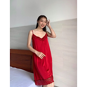 [Rose Sleepwear] Váy Ngủ Lụa Hai Dây Dài Cao Cấp Dáng Suông Phối Ren Nhúng Bèo Gợi Cảm