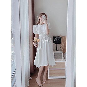 Đầm nữ tay phồng thắt eo kết nơ dáng xòe siêu xinh, 3 màu sắc  thích hợp cho nàng dạo phố, đi biển