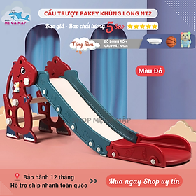 Cầu trượt cho bé Pakey Khủng Long NT2 TẶNG KÈM BÓNG RỔ + GẤU PHÁT NHẠC Thành trượt cao an toàn cho bé