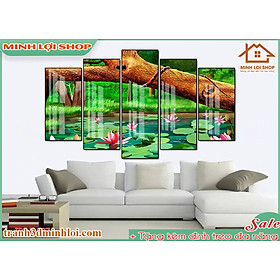 Tranh tráng gương pha lê BÔNG SEN 5 tấm trang trí phòng khách hiện đại TẶNG KÈM ĐINH TREO 5TBS019