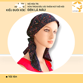 Nón hóa trị vải mềm mát, hút mồ hôi, bệnh nhân ung thư, chemo hat, cancer hat, nón trùm đầu, mũ vải [KIỂU ĐUÔI XÒE-ĐEN LÁ MÀU]