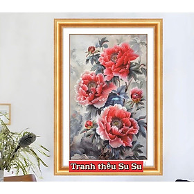 Mua Tranh thêu kín Hoa mẫu đơn đỏ 6492  kích thước 50 x 76 cm
