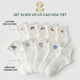 Set 10 Đôi Tất Trắng Họa Tiết Cổ Cao Phong Cách Hàn Quốc