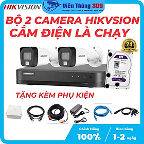 Trọn bộ 2 Camera 2MP DS-2CE16D0T-IR(C) + Đầu ghi hình Hikvision, có sẵn phụ kiện, cắm điện là chạy -Hàng chính hãng