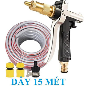 Bộ dây vòi xịt nước rửa xe, tưới cây , tăng áp 3 lần, loại 7m, 10m 206236 đầu đồng,cút,nối nhựa đen+ đai
