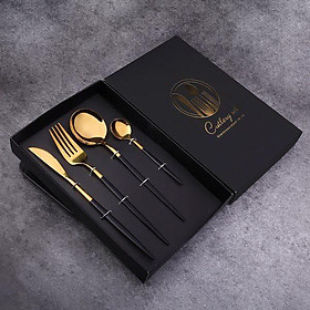 Bộ 4 món dao, dĩa, muỗng, đũa Inox 304 mạ vàng kèm thêm hộp