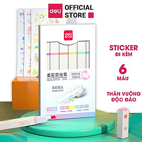 Bút highlight nhấn dòng macaron kèm sticker dạ quang Deli - hộp 6 chiếc - S742