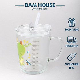 Ly thuỷ tinh Bam House có nắp đậy ron cao su và vạch định lượng tặng kèm ống hút cao cấp LCS01 - Gia dụng bếp