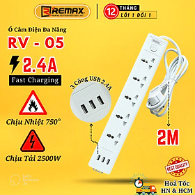 Ổ cắm điện đa năng Remax 5 ổ cắm + 3 USB Remax RV-05 lỗ cắm tải 2500W an toàn chống giật, chịu nhiệt - Hàng Chính Hãng Remax