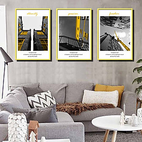 Bộ 3 tranh canvas treo tường Decor Họa tiết kiến trúc tone vàng, xám - DC201