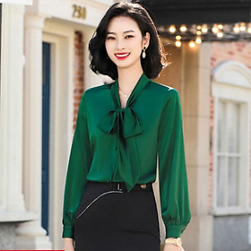 Áo sơ mi công sở nữ đẹp kiểu thắt nơ form rộng tay dài chất lụa cao cấp