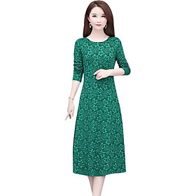 Women Floral Fashion Dress Autumn Long Sleeve Women Dress Round Neck Flower Mid-long Dress