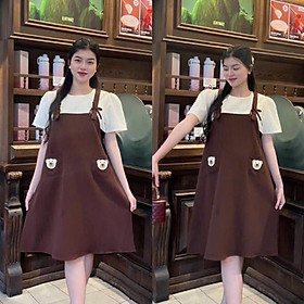 Đầm bầu yếm liền phối túi dễ thương xinh xắn, đầm bầu xinh sang chảnh đi làm đi chơi đều xinh - Nâu