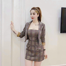 Đầm body họa tiết caro kèm áo vest thời trang thanh lịch