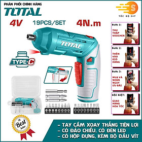 Bộ máy bắt vít dùng pin 4V kèm 20 chi tiết vít TOTAL TSDLI0442 - Có hộp, sạc Type C, vặn vít, siết vít, pin dung lượng cao, có đèn LED, có đảo chiều