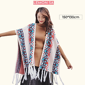 Khăn Áo choàng boho thổ cẩm cho nữ Khăn len quàng cổ mùa thu đông kiểu khoác ngoài poncho có cúc 2 bên  - Mã LE38