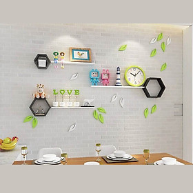 Mua Bộ Kệ Gỗ Trang Trí Treo Tường Gồm 3 Ô Lục Giác Màu Đen Và 3 Thanh Ngang Màu Trắng
