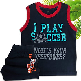 BỘ THUN BÉ TRAI CATRIO IN PLAY SOCCER MÀU NAVY là bộ đồ mùa hè của bé trai từ 1 tuổi 12kg đến 8 tuổi 31kg, gồm QUẦN ĐÙI + ÁO SÁT NÁCH, vải 100% cotton đạt chuẩn xuất khẩu, thích hợp với trẻ em mặc ở nhà, đi chơi rất thoáng mát, giúp các bé hạnh phúc