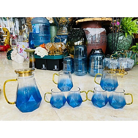 Mua Bộ 6 cốc uống nước thủy tinh màu xanh biển vân kim cương quai vàng