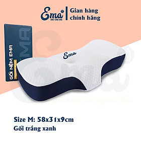 Gối cao su non công thái học chống đau vai ngáy, ngủ ngáy, hỗ trợ ngủ nhanh EMA- Thiết kế riêng biệt cho tư thế nằm ngửa và nằm nghiêng - 1 Gối trắng xanh size M