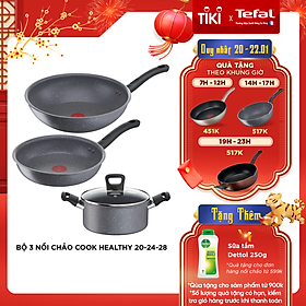 Bộ nồi chảo Tefal G134S495 Cook Healthy gồm Chảo 24cm, Chảo sâu 28cm, Nồi 20cm