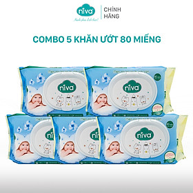 Combo 5 Khăn Ướt Đa Năng Không Mùi Niva Gói 80 Tờ Tiện Dụng, Diệt Khuẩn, An Toàn Cho Trẻ Sơ Sinh Phụ Nữ Mang Thai